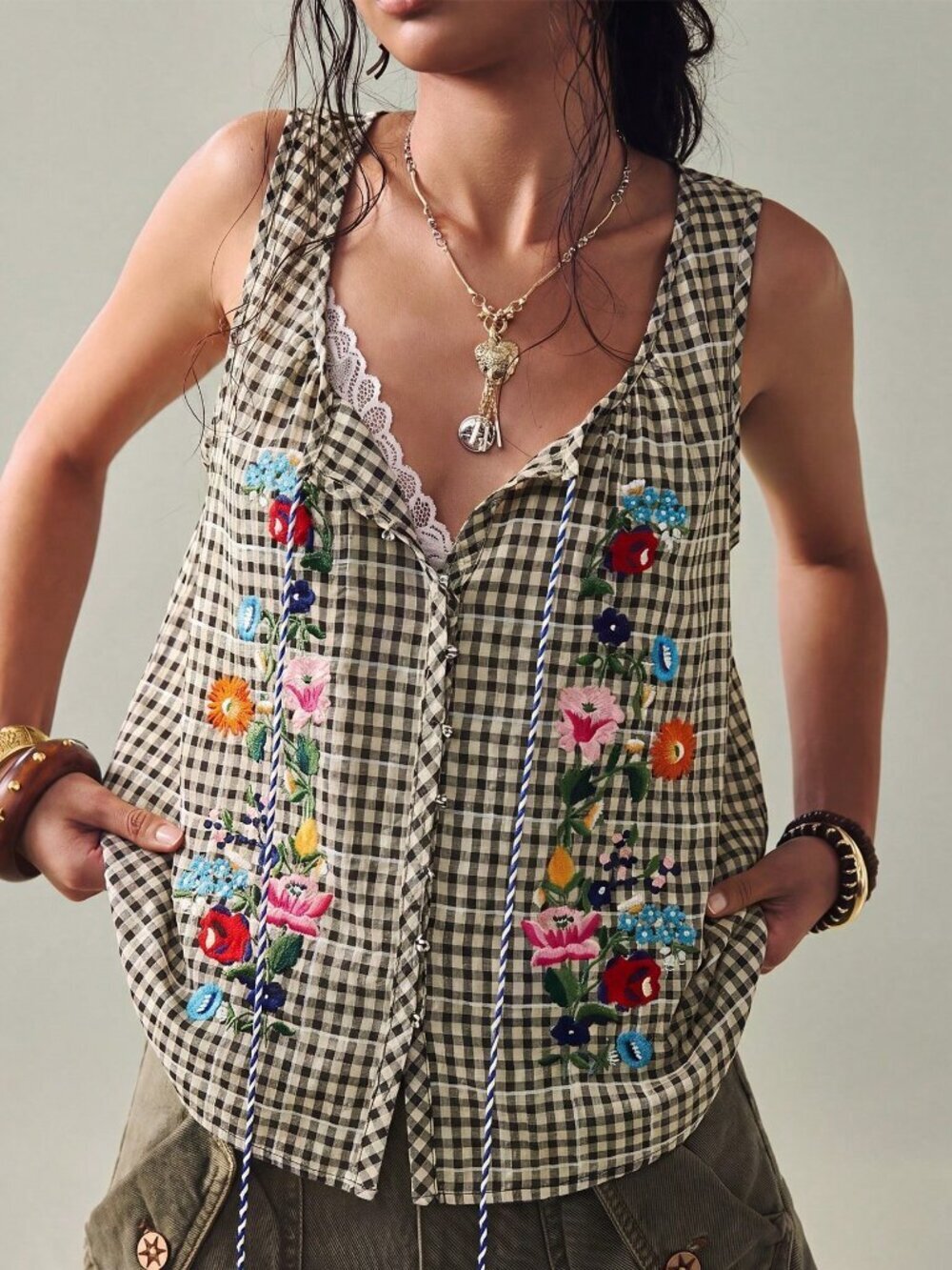 Boho Women's Gingham Embroidered Sleeveless Square Neck Tassel Front Blouse